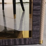 Mirror-Polished Steel Dining Table with White Marble Top and Woven Leather Accents